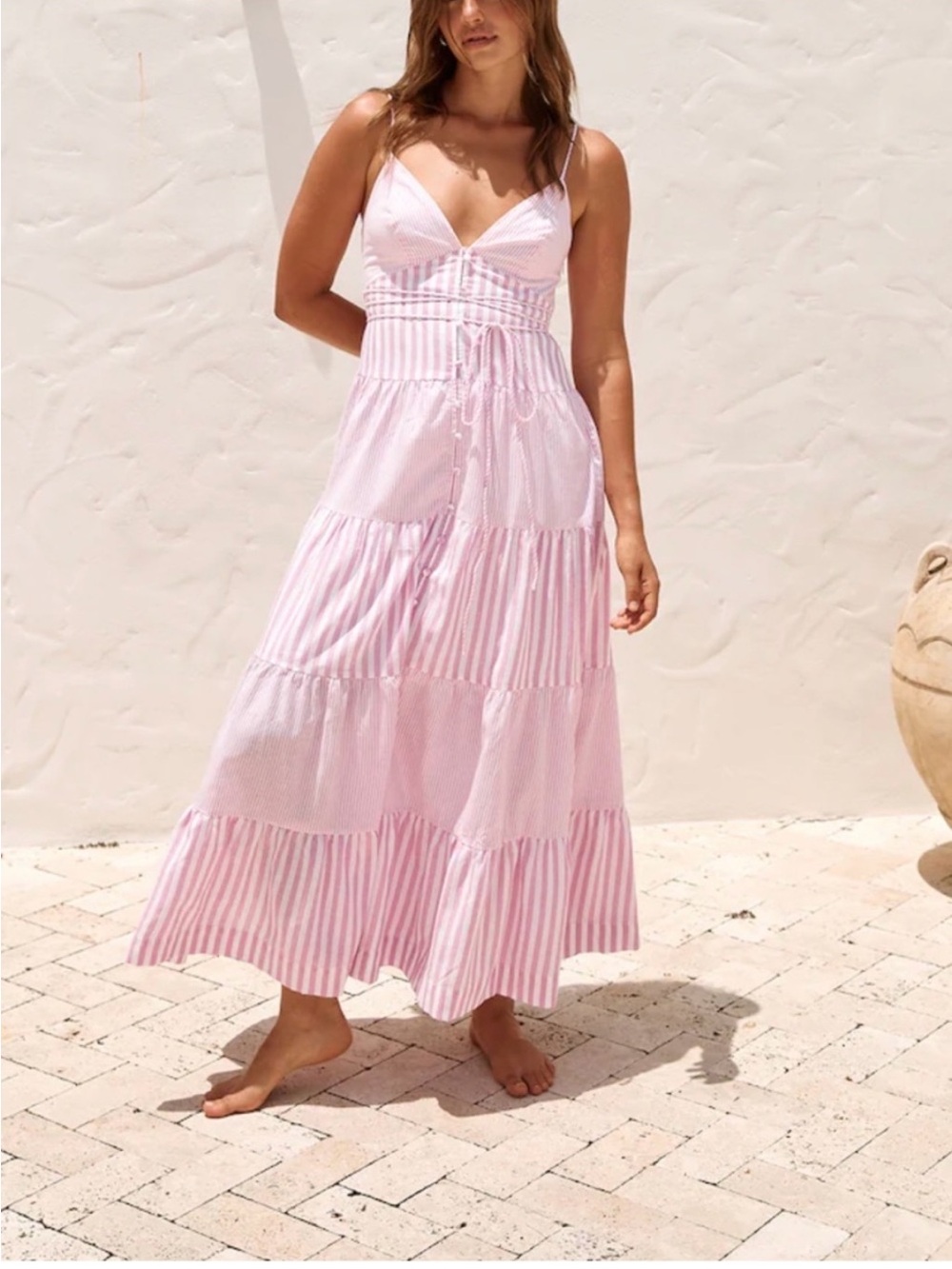 Popvil Pink White Striped Tiered Maxi Dress Smocked Waist - Size Medium NWT